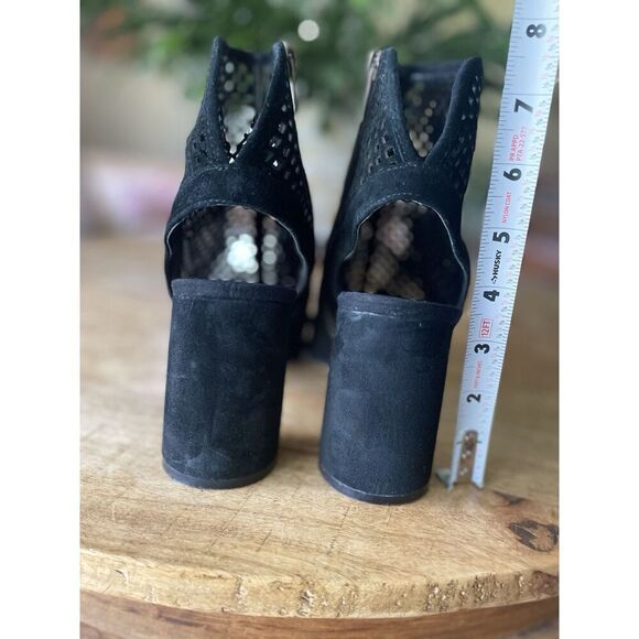 Vince Camuto Black Suede  Cutout Peep Toe Booties 9.5M Chunky Heel Sandals - Picture 4 of 8